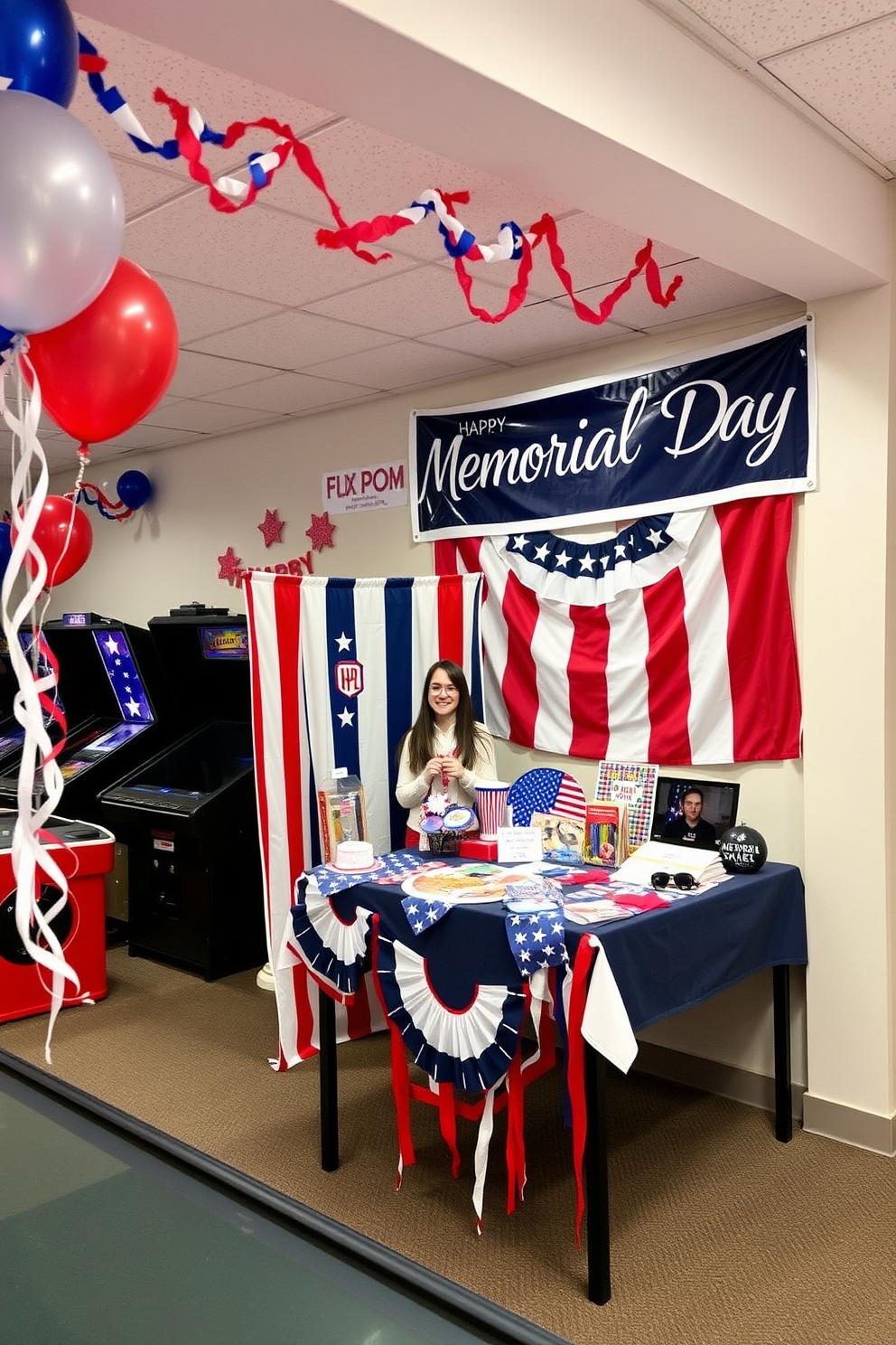 A vibrant DIY photo booth is set up with a backdrop featuring red, white, and blue stripes. Various patriotic props such as hats, sunglasses, and banners are arranged on a nearby table for guests to use. The game room is adorned with festive decorations, including balloons and streamers in patriotic colors. A large banner reading 