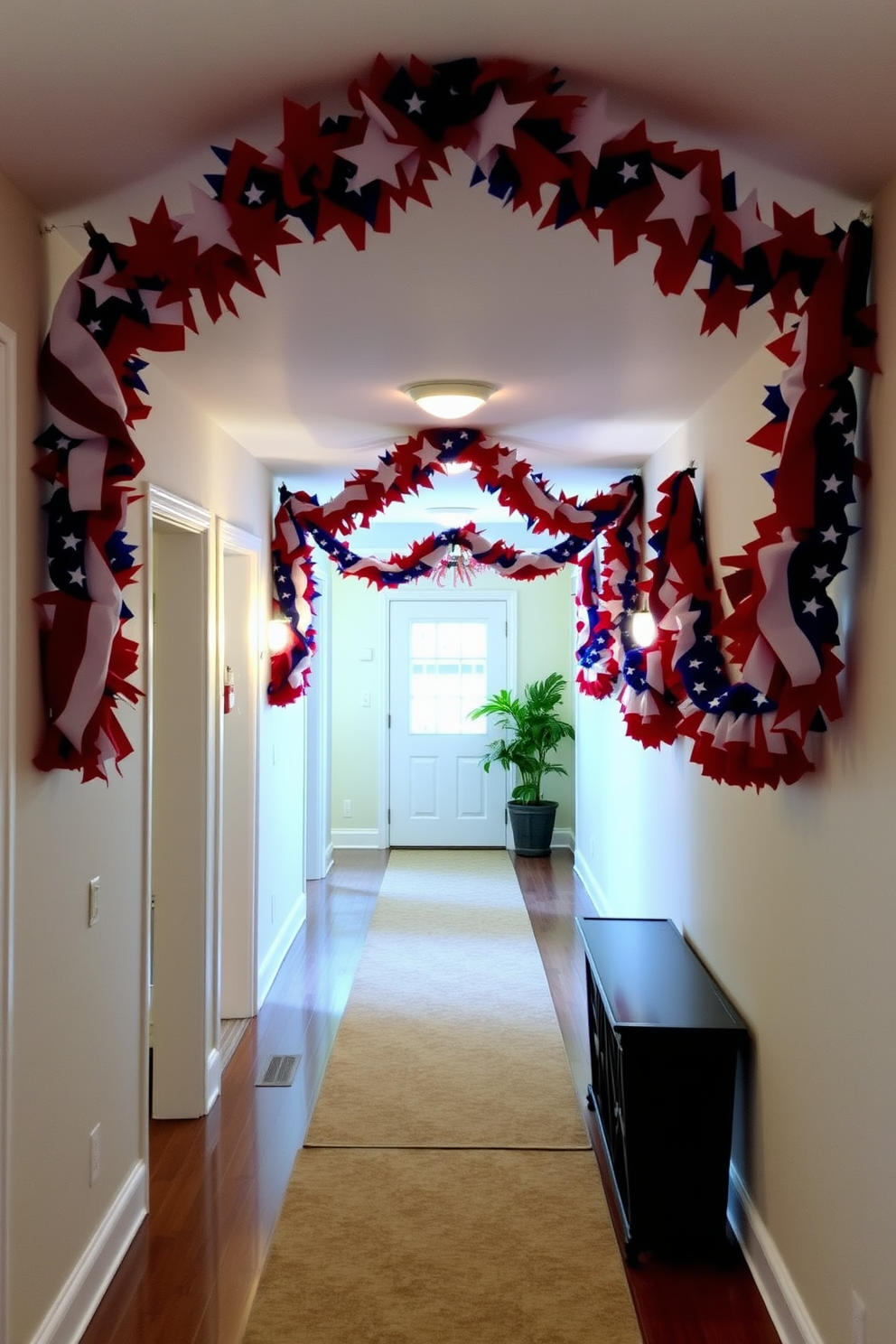 A festive hallway adorned with red white and blue bunting flags creates a vibrant atmosphere for Memorial Day celebrations. The flags are strung across the ceiling, adding a touch of patriotism and cheer to the space.