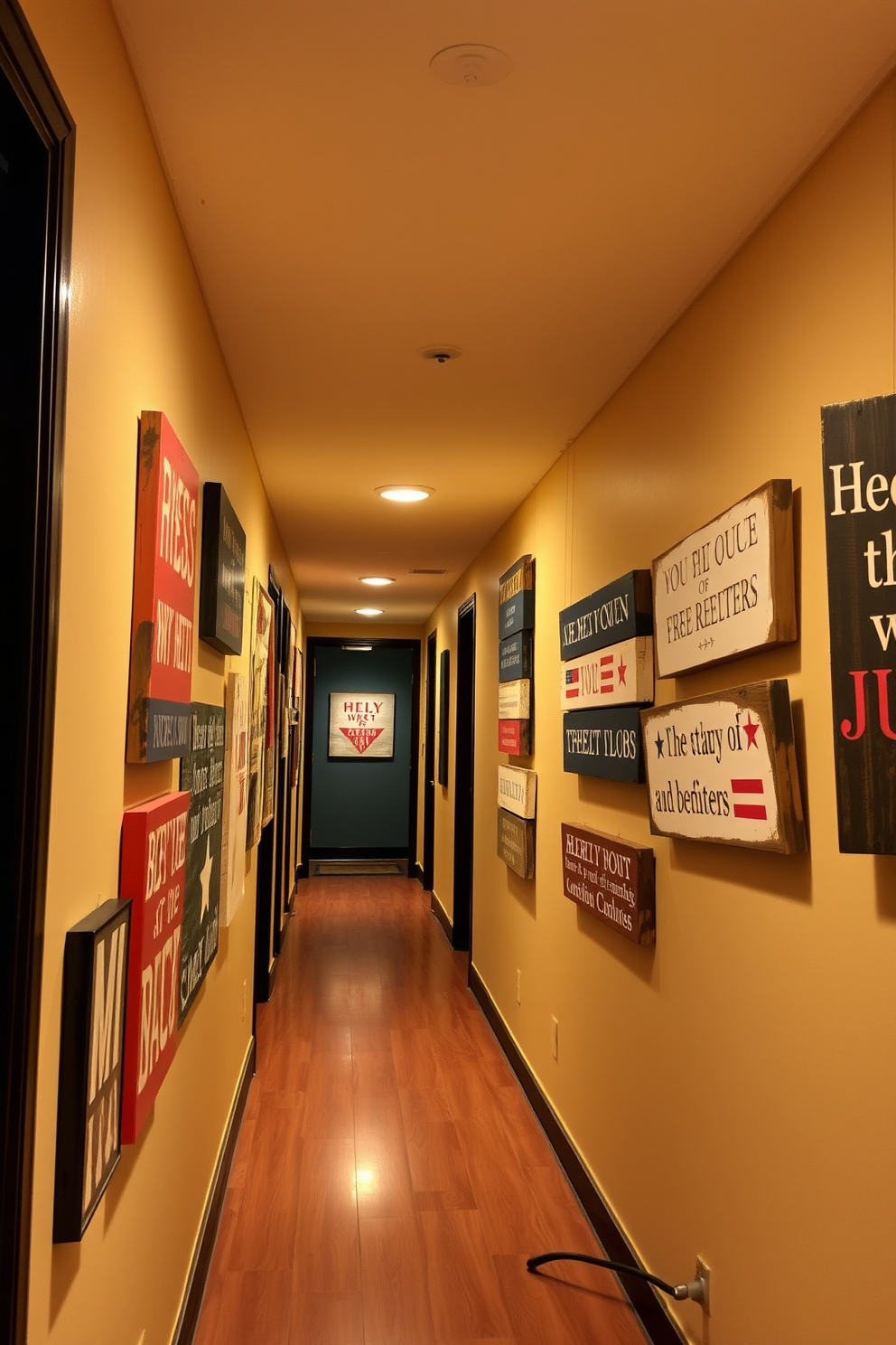 Rustic wooden signs adorned with patriotic quotes line the walls of a warmly lit hallway. The signs are handcrafted, featuring a mix of red, white, and blue colors that evoke a sense of national pride and celebration.