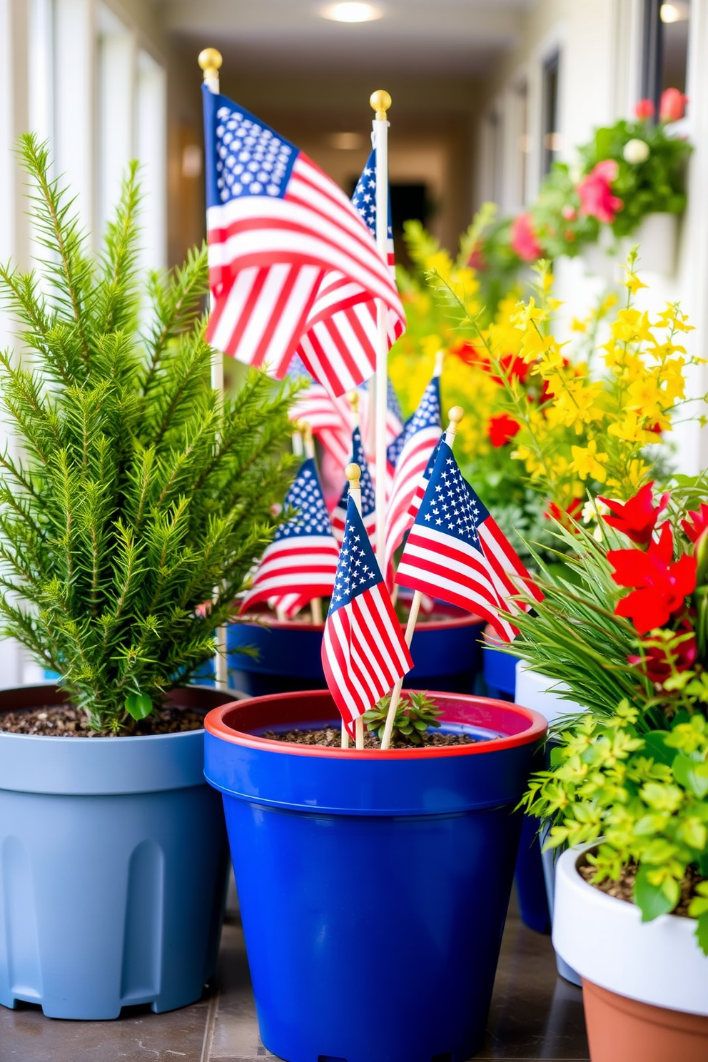 A rustic wooden sign hangs prominently in the hallway displaying patriotic quotes that evoke a sense of pride and remembrance. Surrounding the sign are subtle decorations such as small flags and seasonal flowers that enhance the Memorial Day theme.