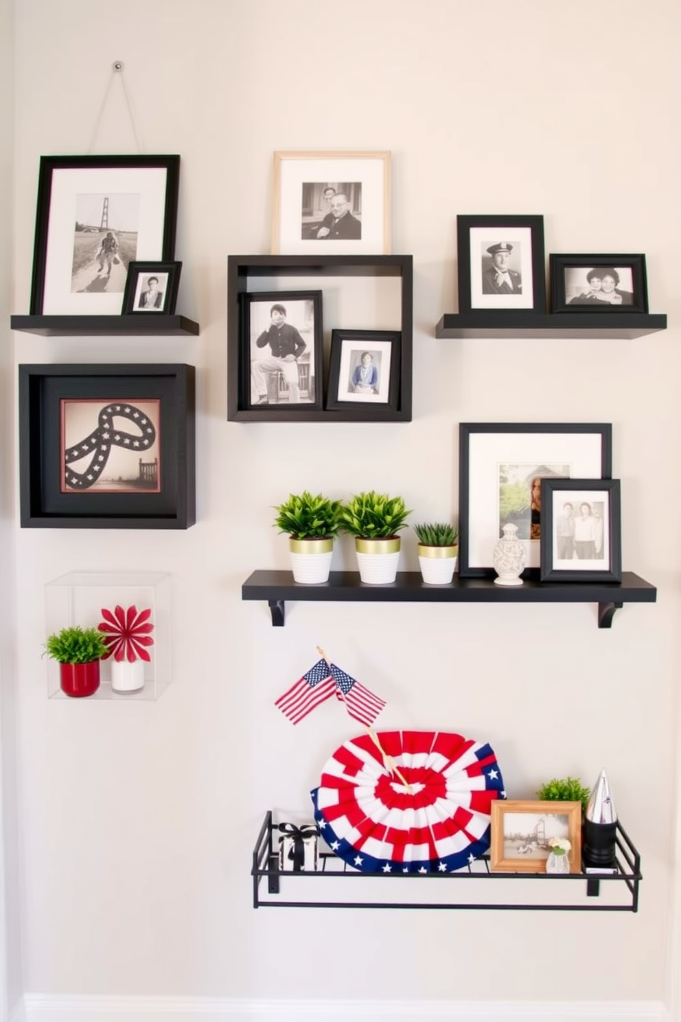 A stylish hallway featuring wall-mounted shelves adorned with decorative accents. The shelves are arranged at varying heights and showcase a mix of framed photos, small potted plants, and seasonal decor for a festive Memorial Day theme.