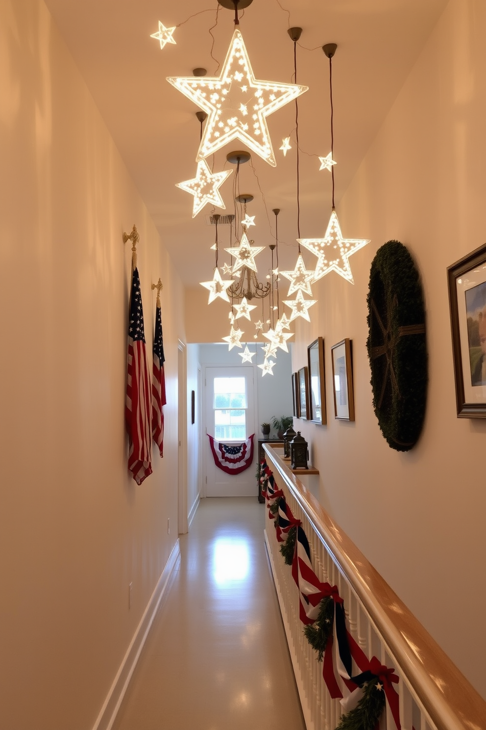 A serene hallway adorned with lighted stars gracefully hanging from the ceiling creates a whimsical atmosphere. The walls are painted in a soft white, allowing the warm glow of the stars to illuminate the space beautifully. To celebrate Memorial Day, the hallway features red, white, and blue accents, including a festive garland draped along the railing. A collection of framed patriotic artwork lines the walls, enhancing the overall theme while maintaining an elegant aesthetic.