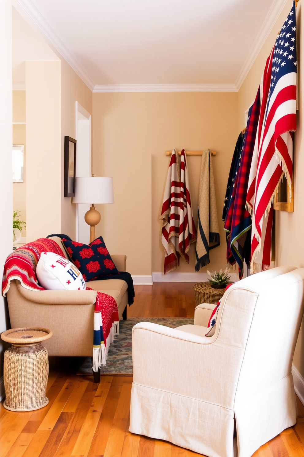 A vibrant hallway adorned with colorful throw blankets draped over a stylish sofa and an armchair. The walls are painted in a soft beige tone, and the floor is covered with a warm wood finish, creating an inviting atmosphere for Memorial Day celebrations.