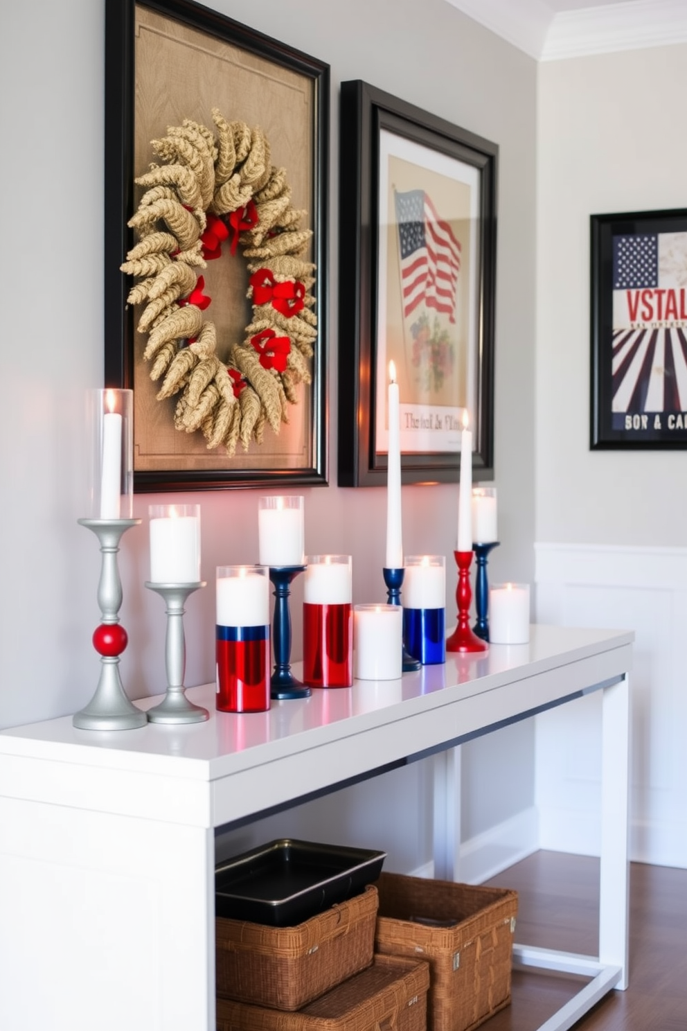 A festive hallway adorned with candles in red white and blue holders creates a warm and inviting atmosphere. The holders are arranged on a sleek console table, complemented by a backdrop of patriotic-themed artwork on the walls.