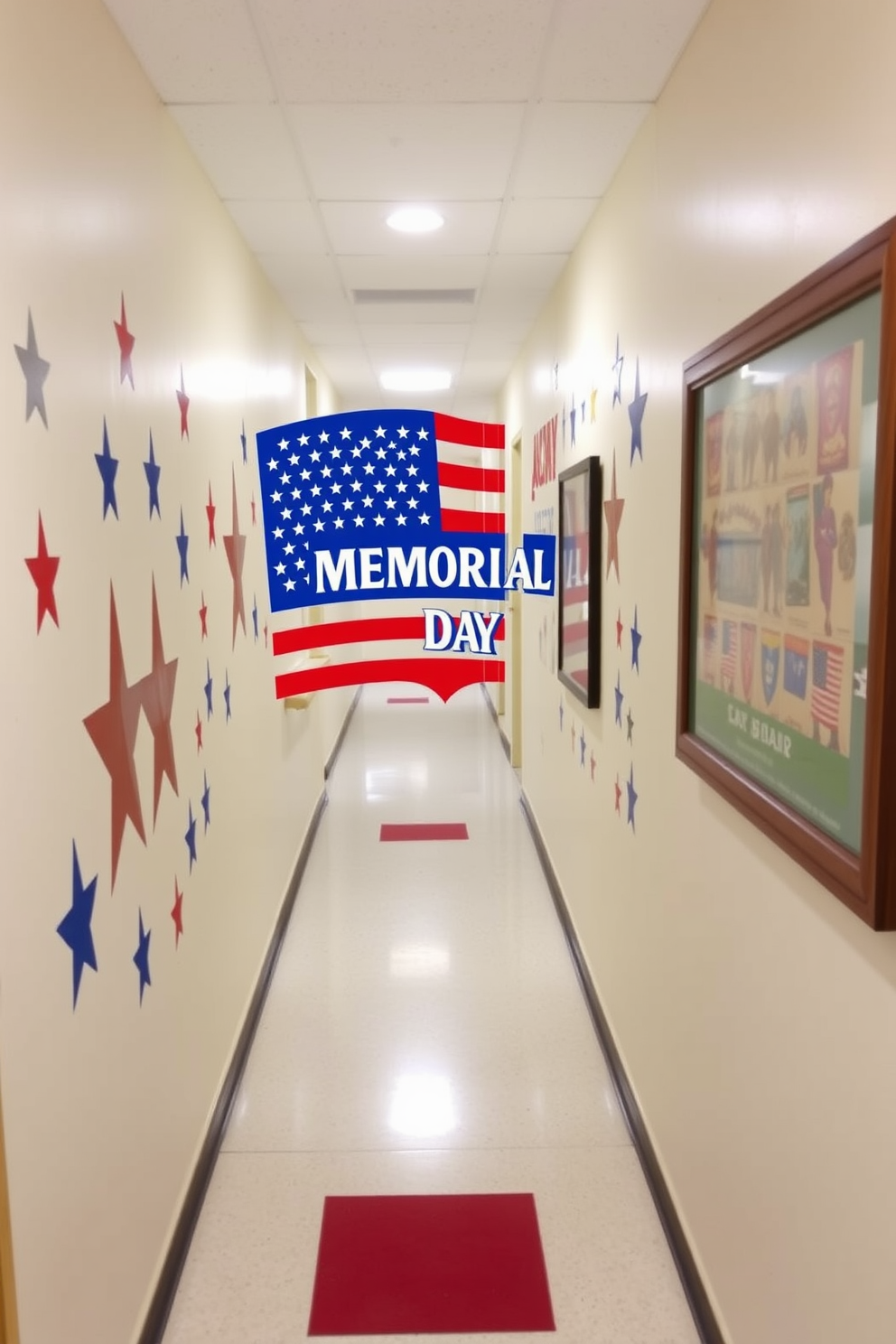 Create a patriotic themed hallway featuring wall decals that celebrate Memorial Day. The decals should include stars, stripes, and symbols of remembrance, arranged to create a visually striking and respectful tribute.