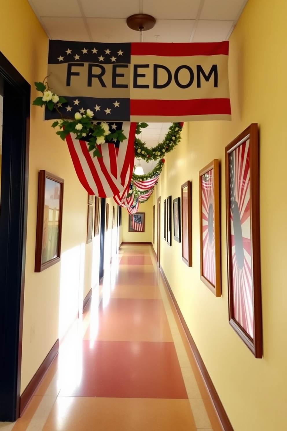 A vibrant hallway adorned with seasonal artwork that celebrates freedom. The walls are decorated with framed pieces featuring patriotic themes and colors that evoke the spirit of Memorial Day.