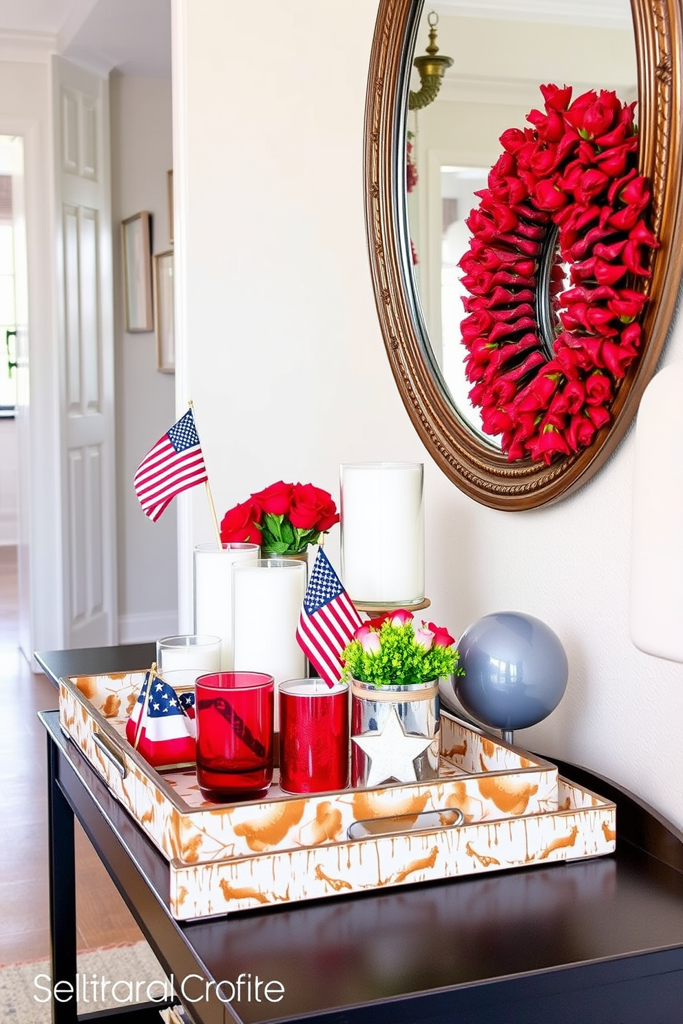 A hallway adorned with wall decals featuring stars and stripes creates a festive atmosphere for Memorial Day. The decals are strategically placed to enhance the visual appeal, adding a patriotic touch to the space.