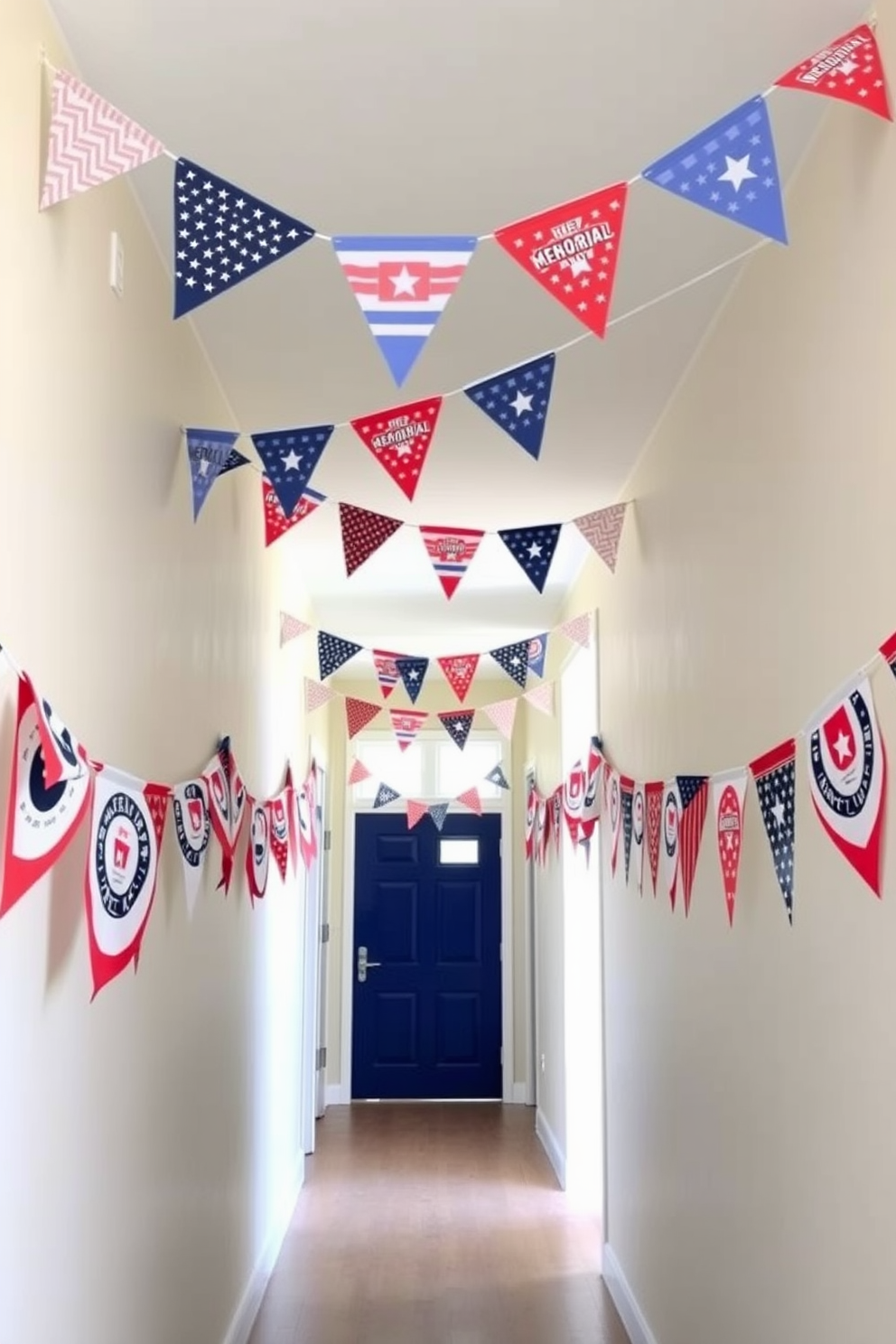 A festive hallway adorned with colorful bunting strung along the edges. The bunting features red white and blue patterns celebrating Memorial Day creating a cheerful and patriotic atmosphere.