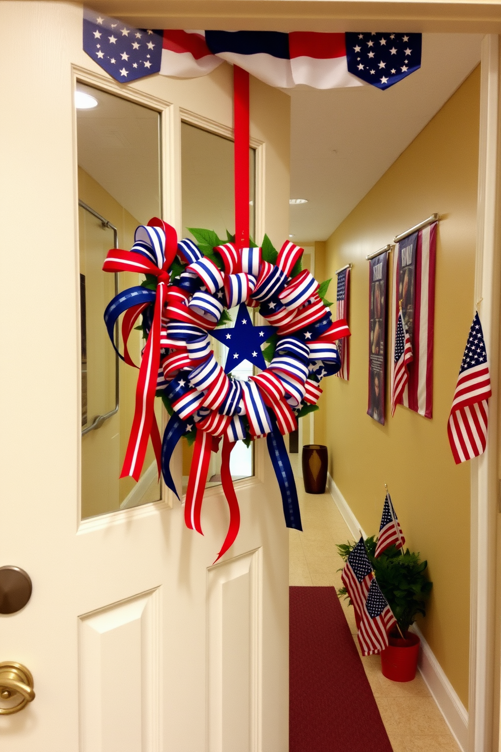 A patriotic wreath adorns the front door, featuring red, white, and blue flowers intertwined with ribbons. The entrance is warmly inviting, setting a festive tone for Memorial Day celebrations. The hallway is decorated with subtle red and white accents, creating a cohesive look. Small American flags are placed in decorative vases along the console table, enhancing the patriotic theme.