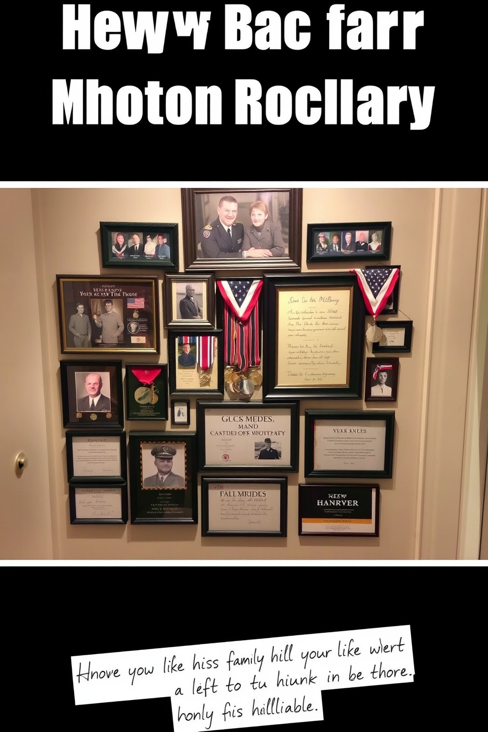 Create a photo collage that showcases a family's military history, featuring framed photographs, medals, and memorabilia. The collage should be arranged in a visually appealing manner along a hallway wall, with a neutral background to enhance the display. Incorporate decorative elements such as patriotic colors and subtle lighting to highlight the significance of each item. Add personal touches like handwritten notes or quotes that reflect the family's pride and honor in their military legacy.