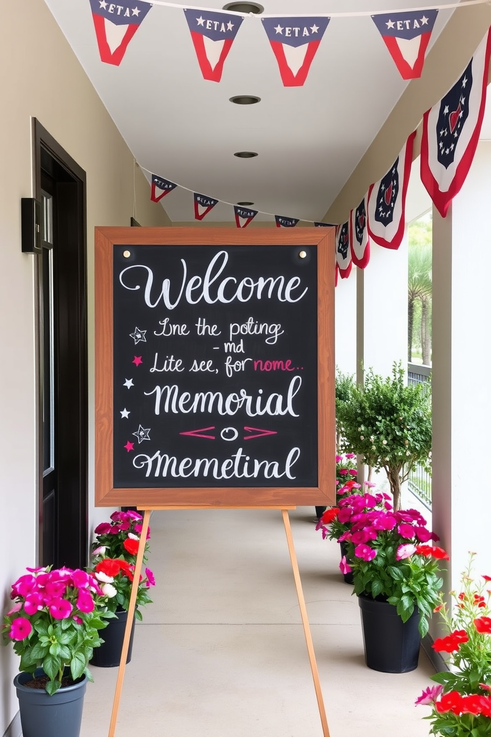 Decorative baskets filled with small American flags are arranged along the hallway, creating a festive and patriotic atmosphere. The walls are adorned with red, white, and blue accents, enhancing the Memorial Day theme throughout the space.