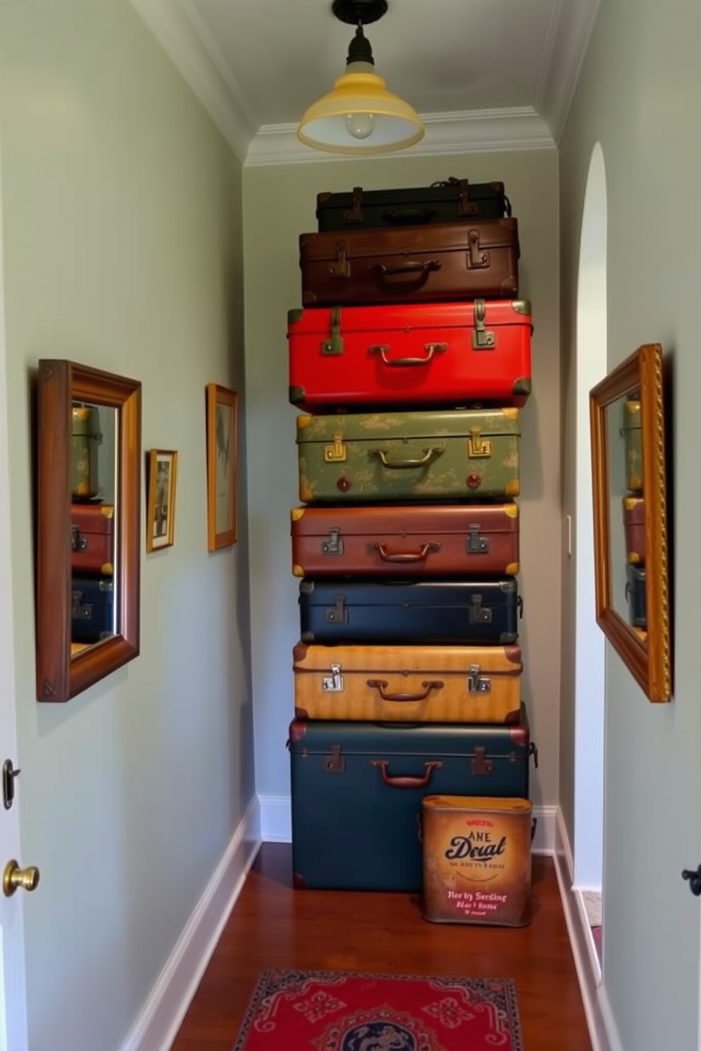 A charming hallway adorned with vintage suitcases stacked creatively for decorative display. The suitcases are in various colors and sizes, adding a nostalgic touch to the space while evoking a sense of adventure.