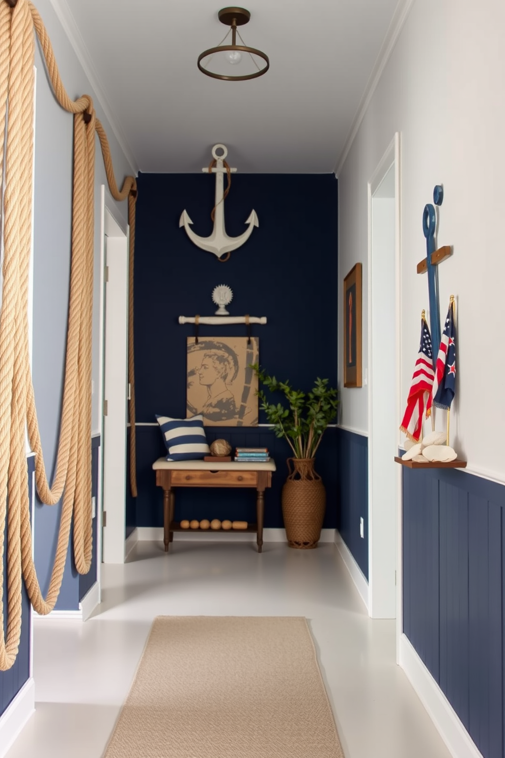 A charming hallway adorned with nautical elements. Ropes are creatively intertwined along the walls, and vintage anchors are displayed as focal points. The color palette features shades of navy blue and crisp white. Decorative items like seashells and driftwood accents complete the Memorial Day theme.