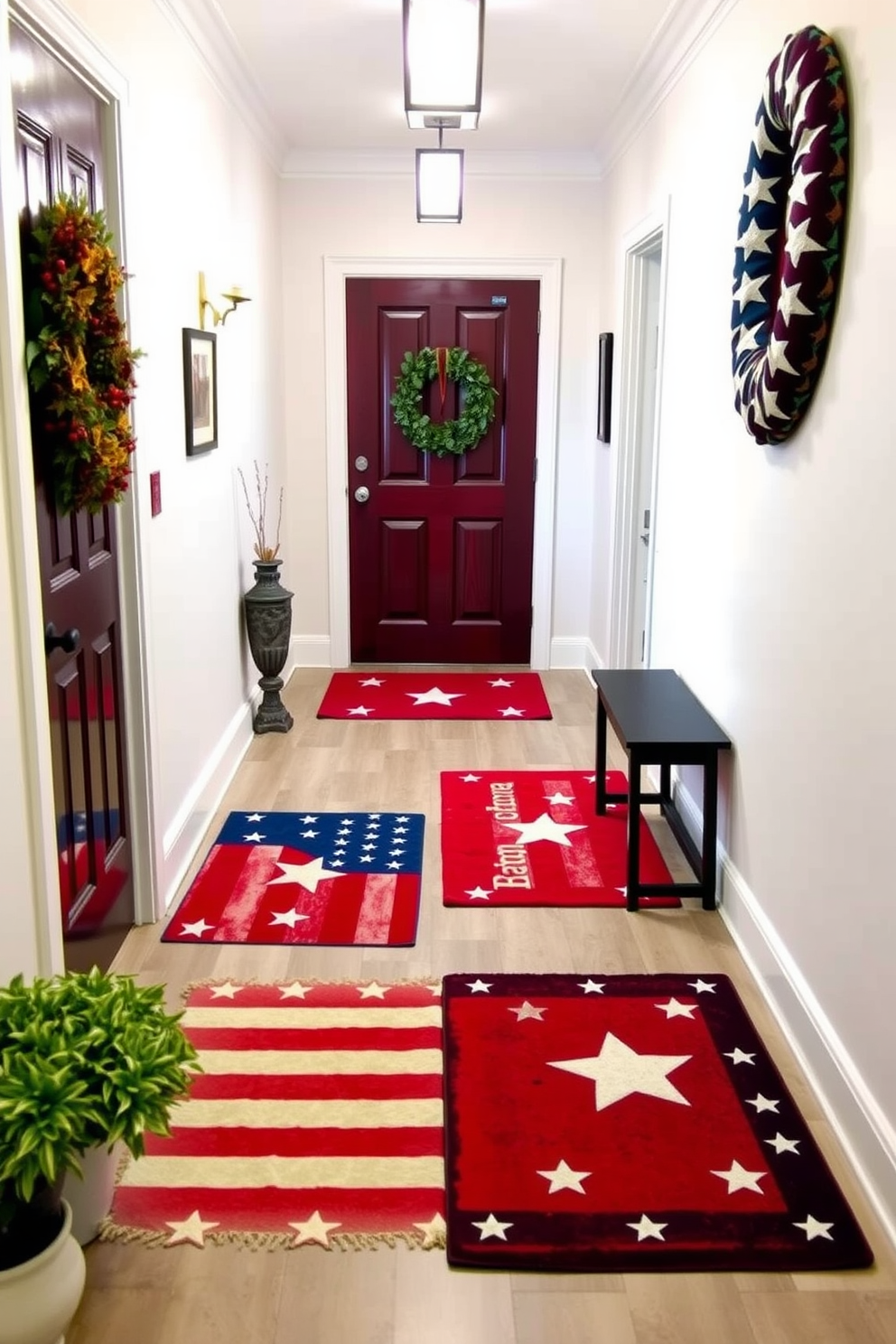 Create a welcoming hallway that features floor mats with patriotic designs to celebrate Memorial Day. The mats should be vibrant, showcasing red, white, and blue colors with stars and stripes, complementing the overall decor of the space.