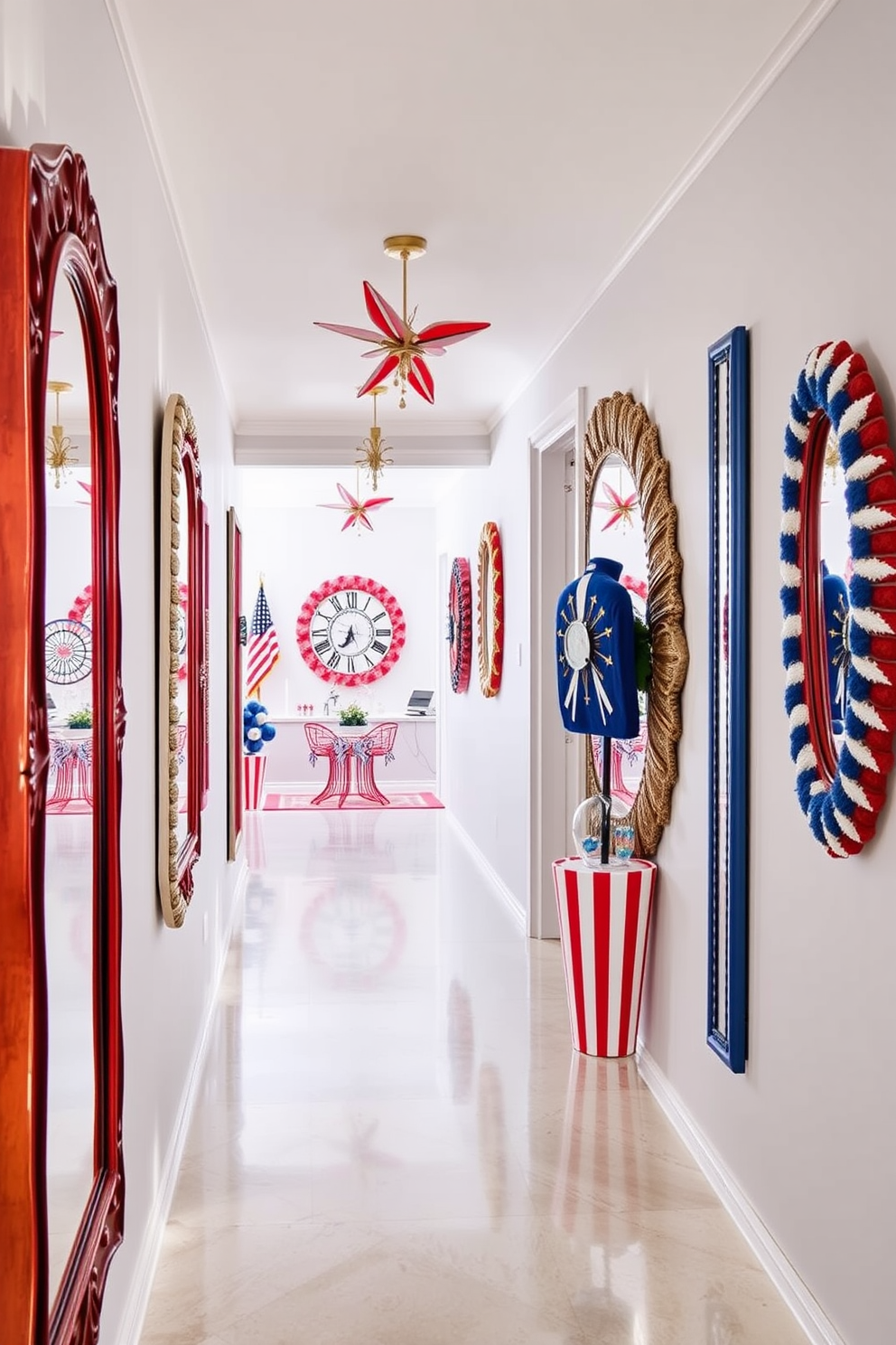 Create a festive hallway adorned with colorful paper fans in red, white, and blue. The fans are strategically placed along the walls, creating a vibrant and inviting atmosphere for Memorial Day celebrations.