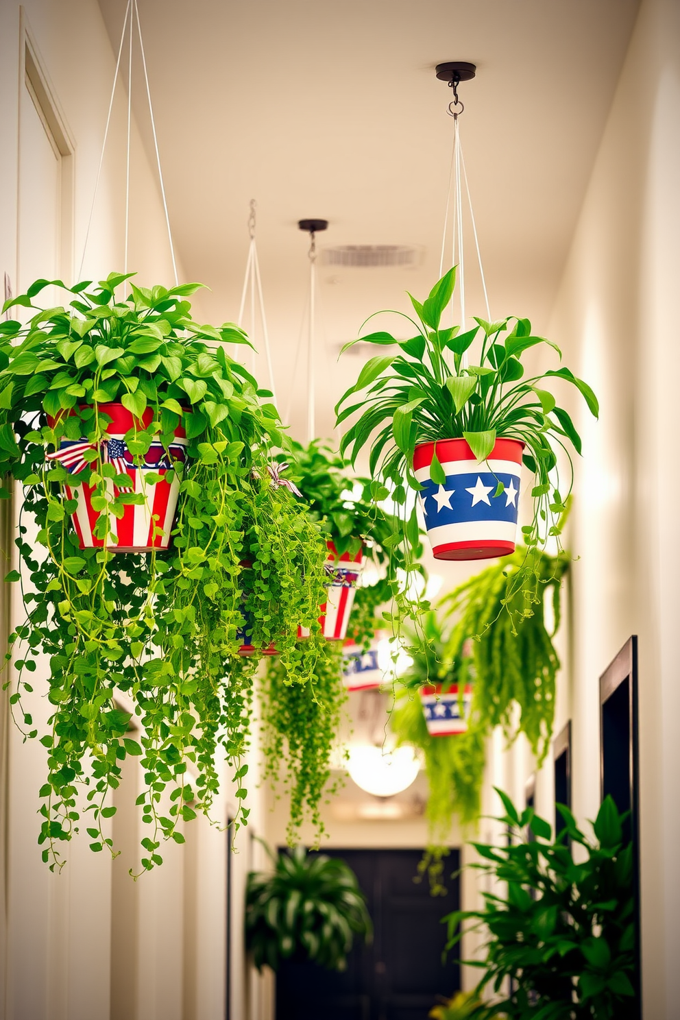 Hanging plants in festive pots create a vibrant and inviting atmosphere in the hallway. The pots are adorned with patriotic colors and patterns, adding a touch of celebration to the space. The hallway features a mix of lush greenery cascading down, enhancing the overall aesthetic. Soft lighting highlights the plants, creating a warm and welcoming environment for guests.