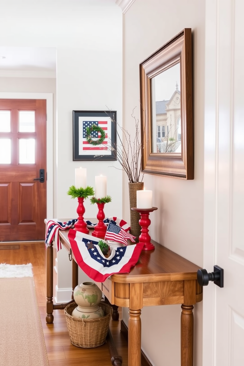 Decorative trays adorned with red white and blue themed snacks create a festive atmosphere in the hallway. The trays are arranged on a rustic wooden console table accompanied by small American flags and seasonal flowers in vibrant colors. Memorial Day hallway decorating ideas feature a mix of patriotic elements and seasonal charm. Incorporate garlands of stars and stripes along the walls and hang framed photos of past Memorial Day celebrations to evoke a sense of nostalgia.