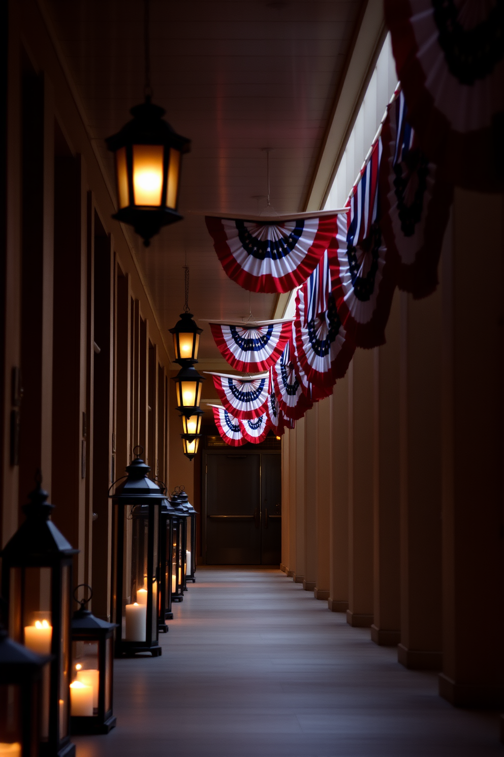 Framed quotes about freedom and sacrifice adorn the walls of a serene hallway. Each quote is elegantly displayed in a simple black frame, complemented by soft lighting that highlights their significance. The hallway features a warm color palette with subtle beige walls and a rich wooden floor. A narrow console table runs along one side, adorned with fresh flowers and small decorative items that evoke a sense of remembrance and honor.