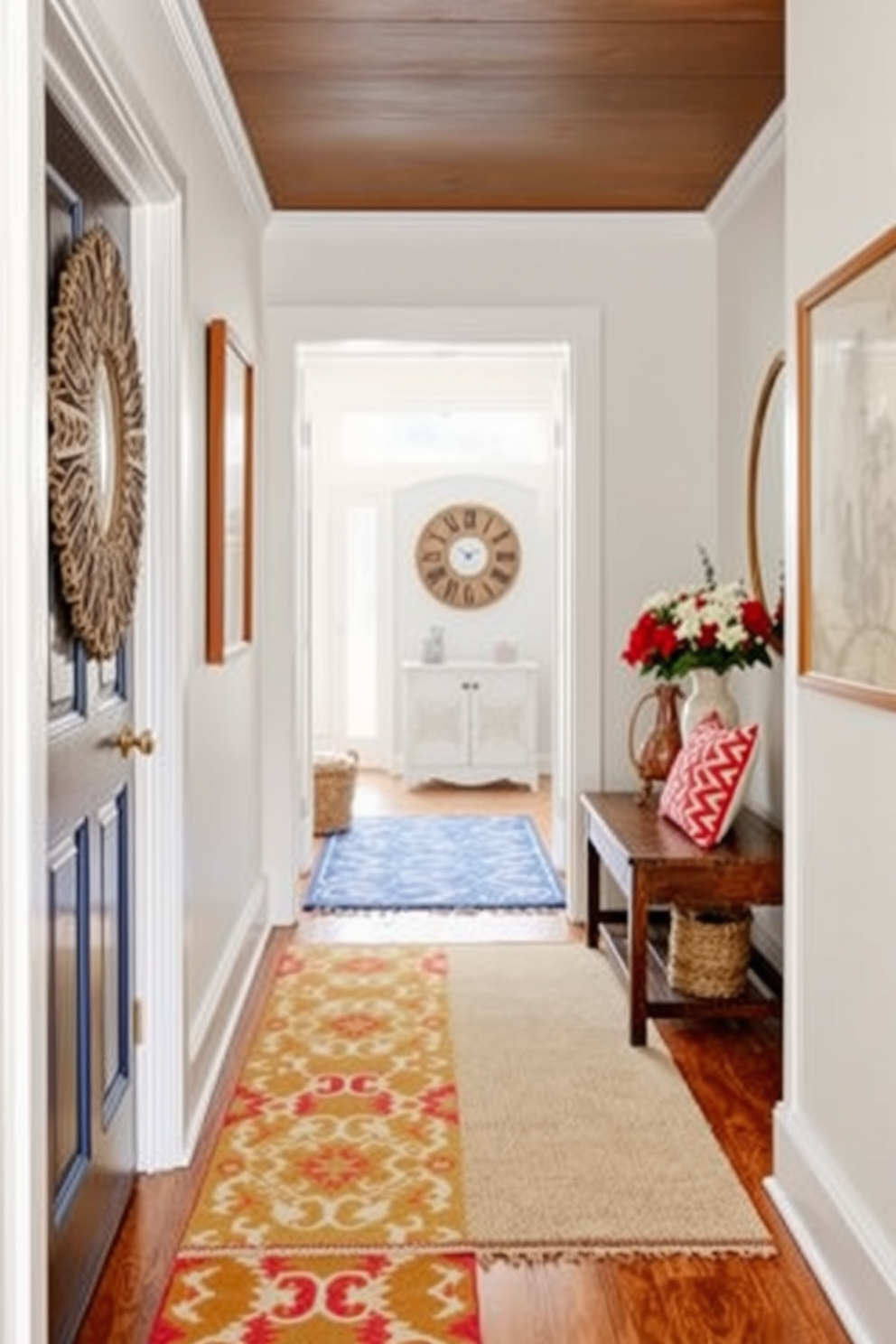 A patriotic themed wall clock is prominently displayed in a hallway, featuring a vintage design with red white and blue colors. The clock is surrounded by framed photographs of military heroes and American flags, creating a heartfelt tribute. The hallway walls are painted in a soft cream color, enhancing the vibrant hues of the decor. A small console table beneath the clock holds a decorative arrangement of seasonal flowers in patriotic colors, adding a festive touch.