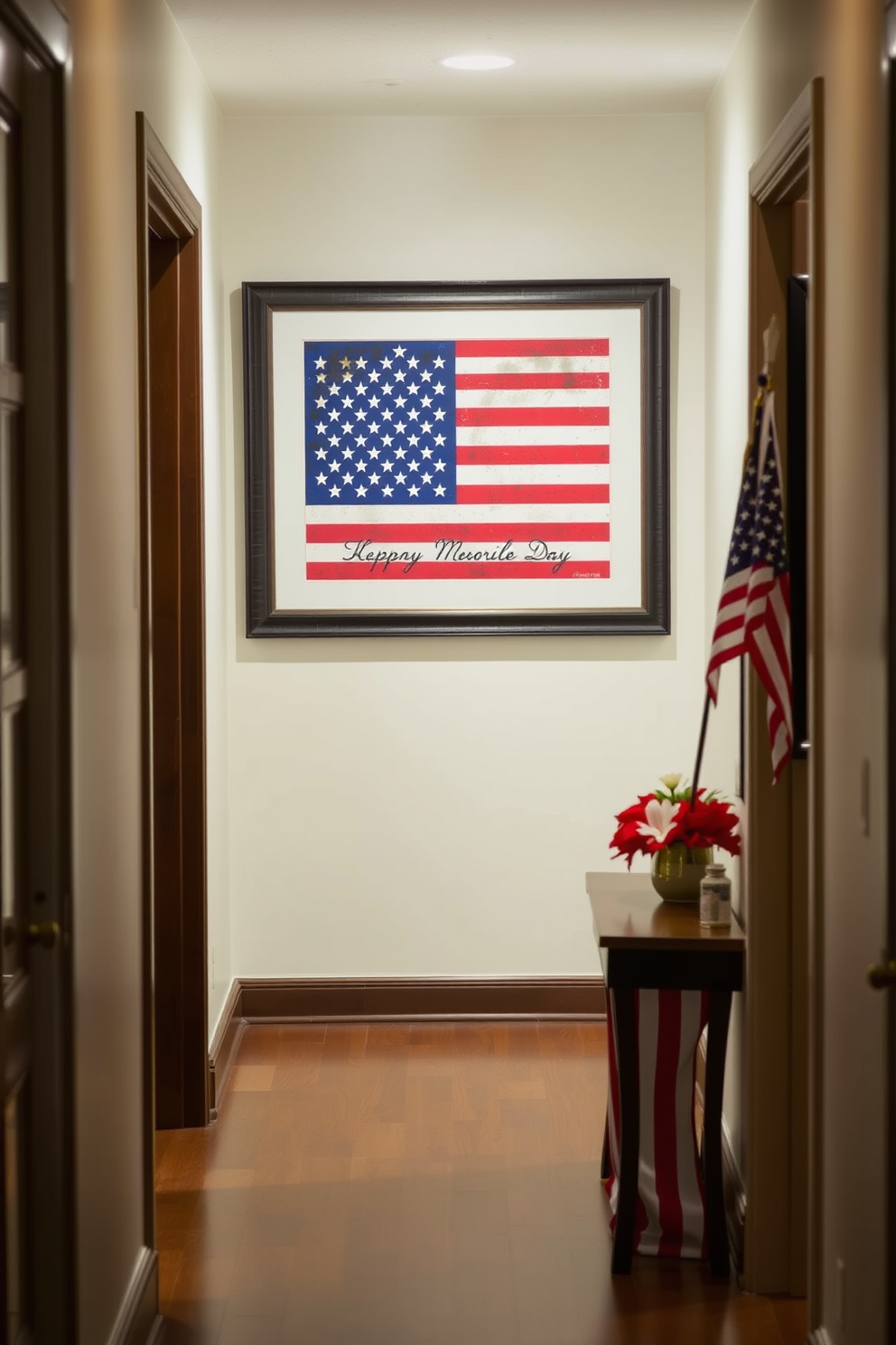 A hallway adorned with framed American flag artwork displayed prominently on the wall. The decor features red white and blue accents with subtle patriotic touches to celebrate Memorial Day.