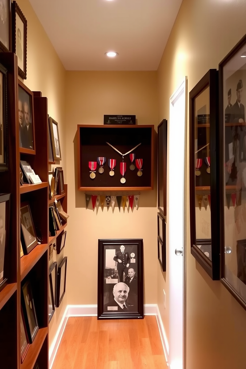 A hallway adorned with vintage military memorabilia displayed on wooden shelves. The walls are painted a soft beige, creating a warm backdrop for framed photographs and medals that honor service and sacrifice.