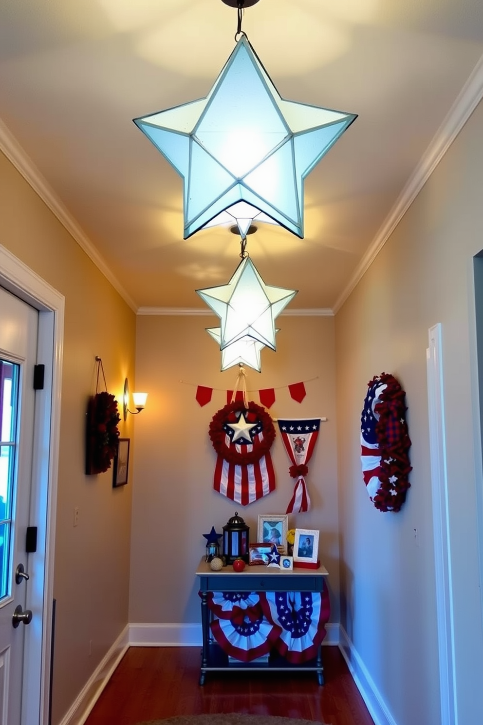 A hallway adorned with star shaped wall decor that celebrates Memorial Day. The walls are painted in a soft white hue, creating a bright and inviting atmosphere while the stars add a patriotic touch.