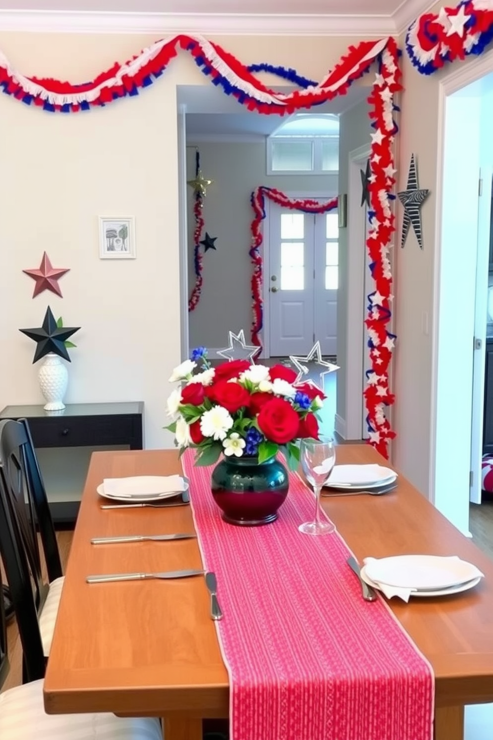 A vibrant hallway adorned with a red and white striped runner carpet. The carpet leads the way through the space, creating a festive atmosphere perfect for Memorial Day celebrations. Flanking the runner, there are decorative elements such as small potted plants and framed patriotic artwork. Soft lighting enhances the cheerful ambiance, making the hallway inviting and warm.