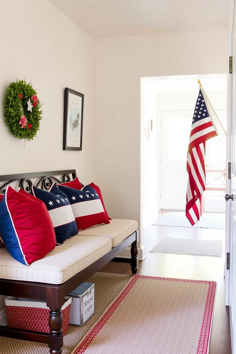 Miniature flags arranged as centerpieces on tables create a festive atmosphere for Memorial Day celebrations. Each table features a small wooden base holding clusters of vibrant flags, surrounded by red, white, and blue accents. The hallway is adorned with patriotic decorations, including garlands of stars and stripes hanging from the ceiling. Along the walls, framed photographs of veterans and service members add a personal touch to the Memorial Day tribute.