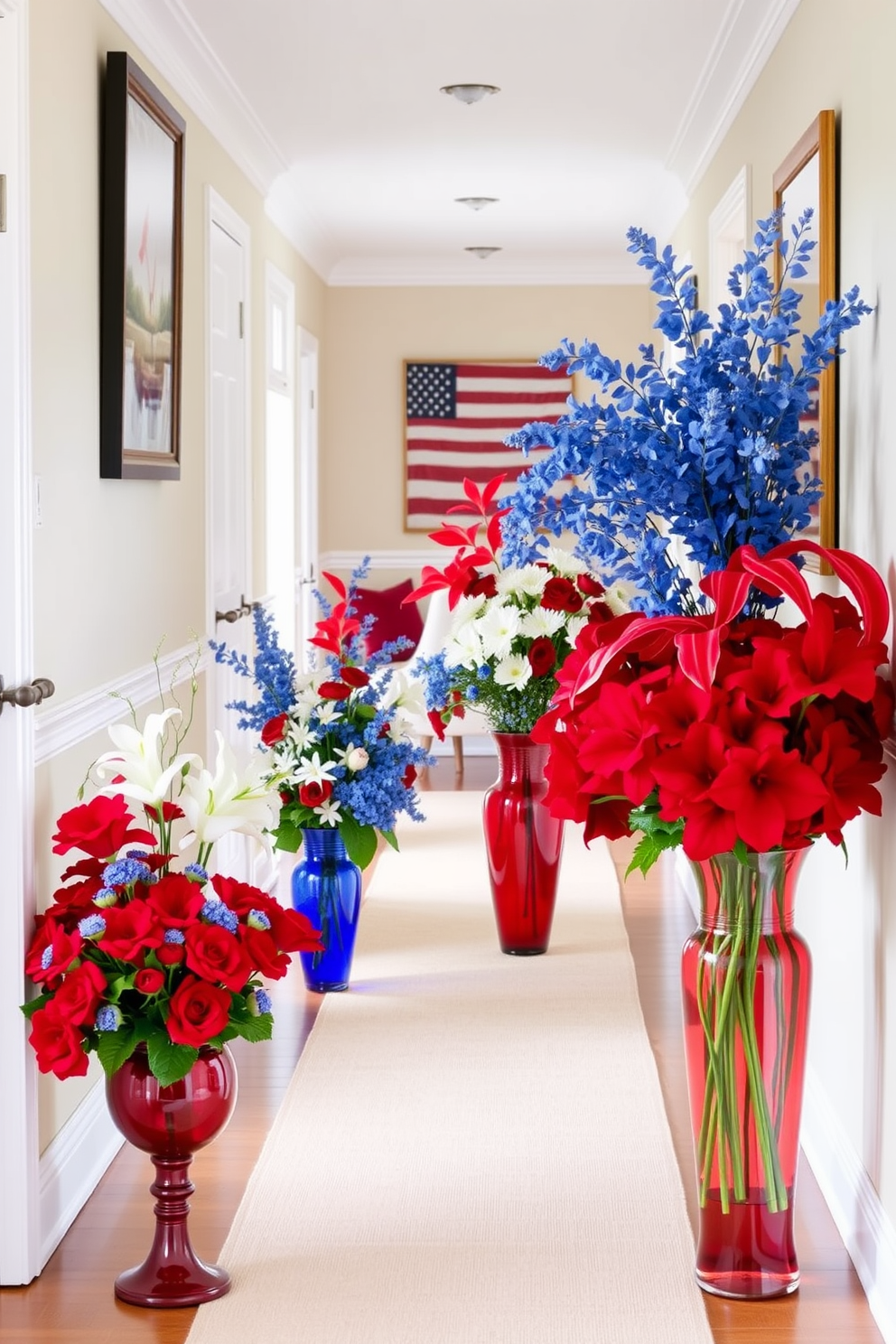 Decorative pillows with patriotic themes are arranged on a cozy bench in a sunlit hallway. Each pillow features vibrant red, white, and blue patterns, creating a festive atmosphere for Memorial Day celebrations. The hallway walls are adorned with framed photographs of past Memorial Day events, adding a personal touch. A small console table displays a decorative arrangement of stars and stripes, enhancing the patriotic decor.