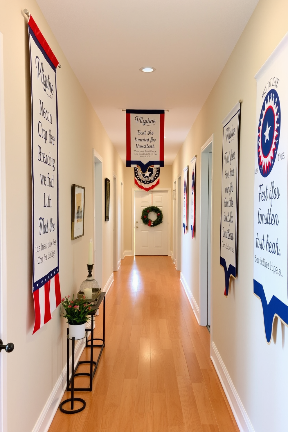 Create an inviting hallway decorated with decorative banners that feature heartfelt Memorial Day messages. The banners should be made of fabric and hang gracefully along the walls, complemented by subtle patriotic colors of red, white, and blue. Incorporate additional elements like small potted plants or candles to enhance the warm atmosphere. The flooring should be a light wood, providing a natural contrast to the vibrant decorations.