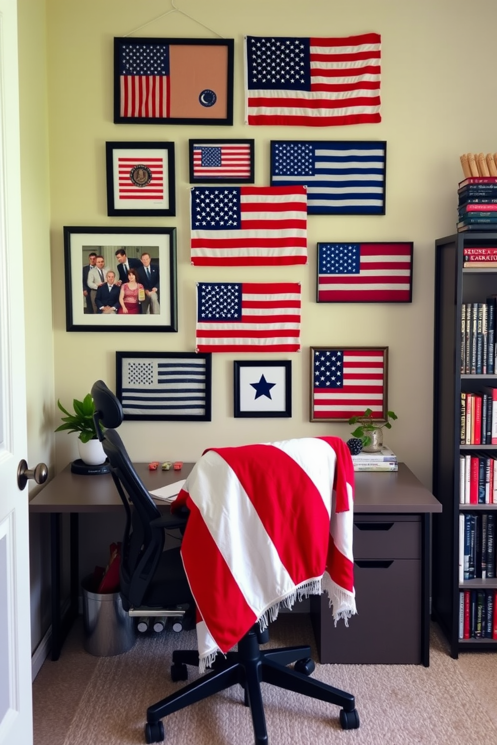 A patriotic home office features a prominent wall art display showcasing various flags in a creative arrangement. The decor includes framed historical flags alongside modern interpretations, all set against a neutral wall to enhance the colors. Incorporate a sleek desk with a comfortable ergonomic chair, complemented by a bookshelf filled with books on American history. Add subtle touches like a red, white, and blue throw blanket draped over the chair and a small potted plant to bring life to the space.