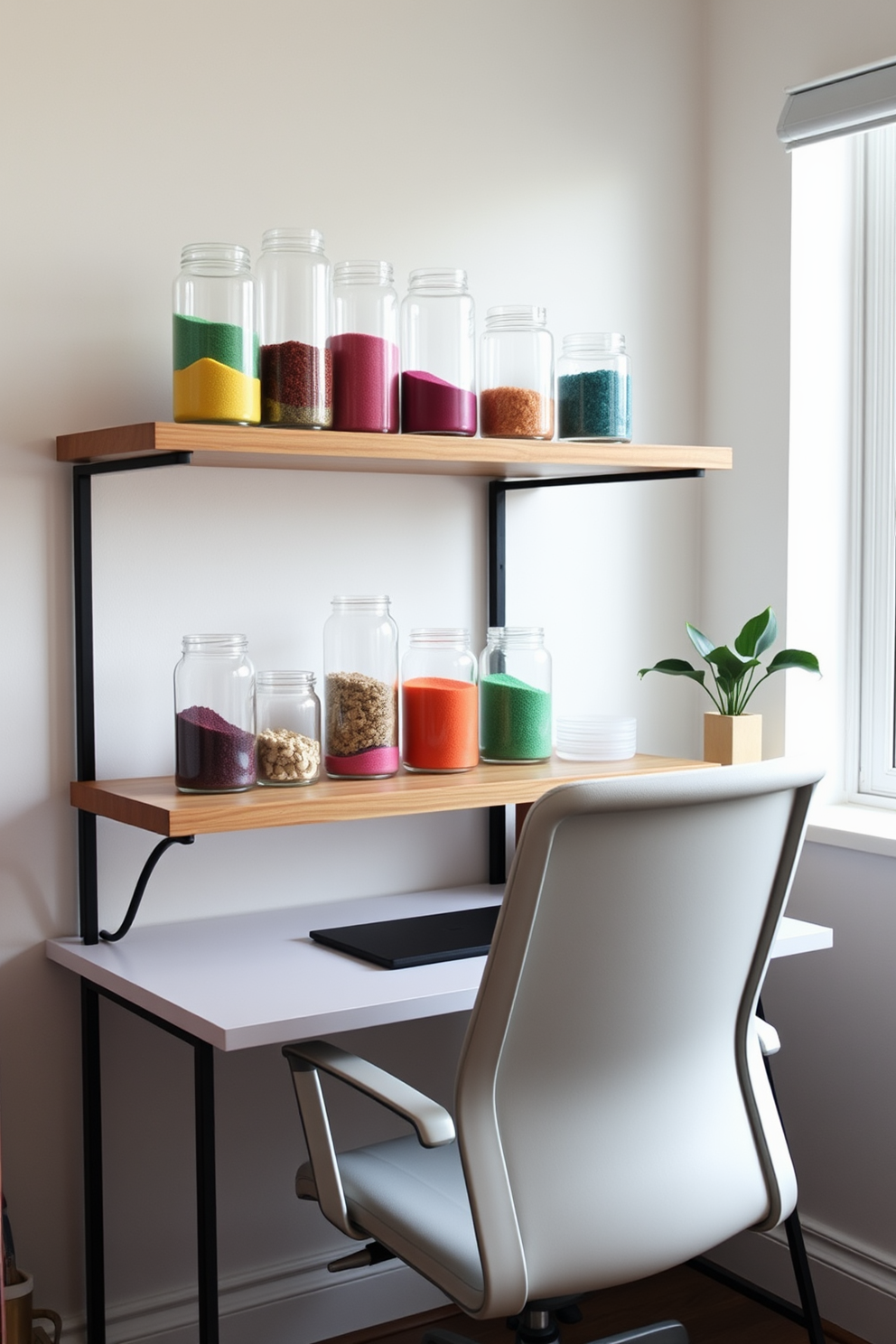 Decorative jars filled with colored sand are arranged on a stylish wooden shelf in a cozy home office. The jars vary in size and color, creating a vibrant focal point that adds a touch of creativity to the workspace. A sleek desk with a minimalist design sits below the shelf, complemented by a comfortable ergonomic chair. Soft natural light filters through a nearby window, enhancing the inviting atmosphere of the office space.