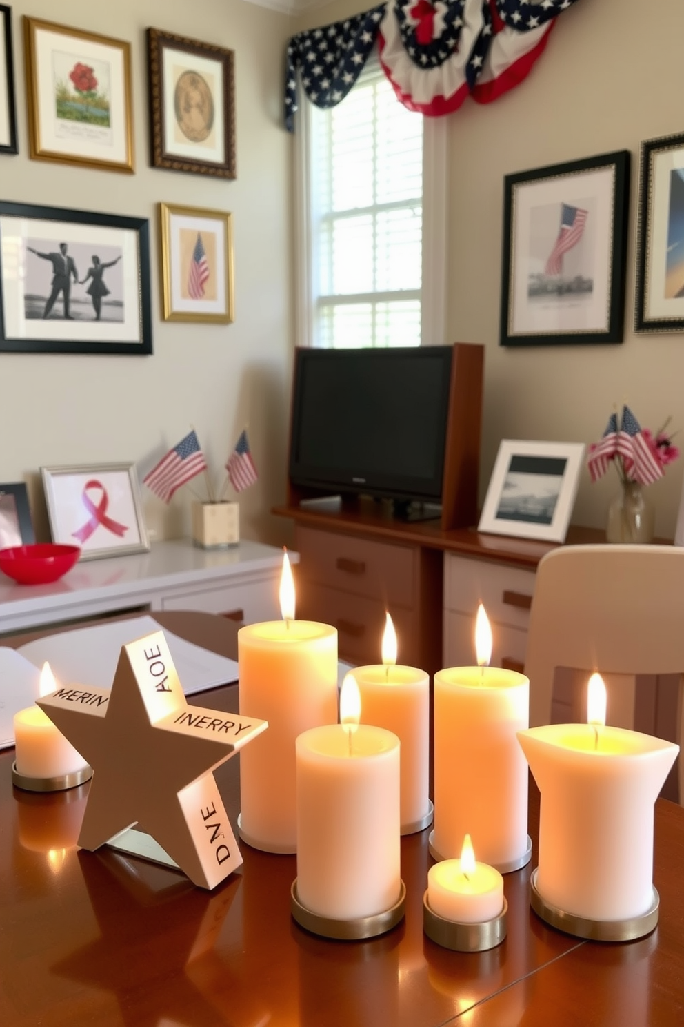 A cozy home office setting featuring star shaped candles arranged on the desk to create a warm ambiance. The walls are adorned with patriotic decor celebrating Memorial Day, including framed artwork and a small flag display.