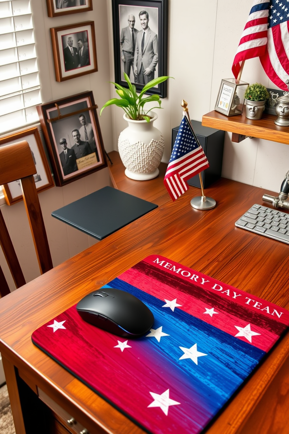 A vibrant home office setting featuring red white and blue flower arrangements that celebrate Memorial Day. The desk is adorned with a large bouquet of fresh flowers in a decorative vase, surrounded by patriotic-themed decor items.