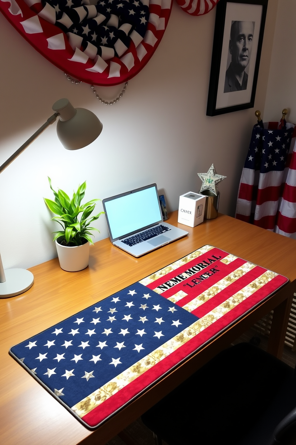 A stylish home office setting featuring a large American flag desk mat that adds a patriotic touch. The desk is adorned with a sleek laptop, a potted plant, and a few decorative items that enhance the Memorial Day theme.