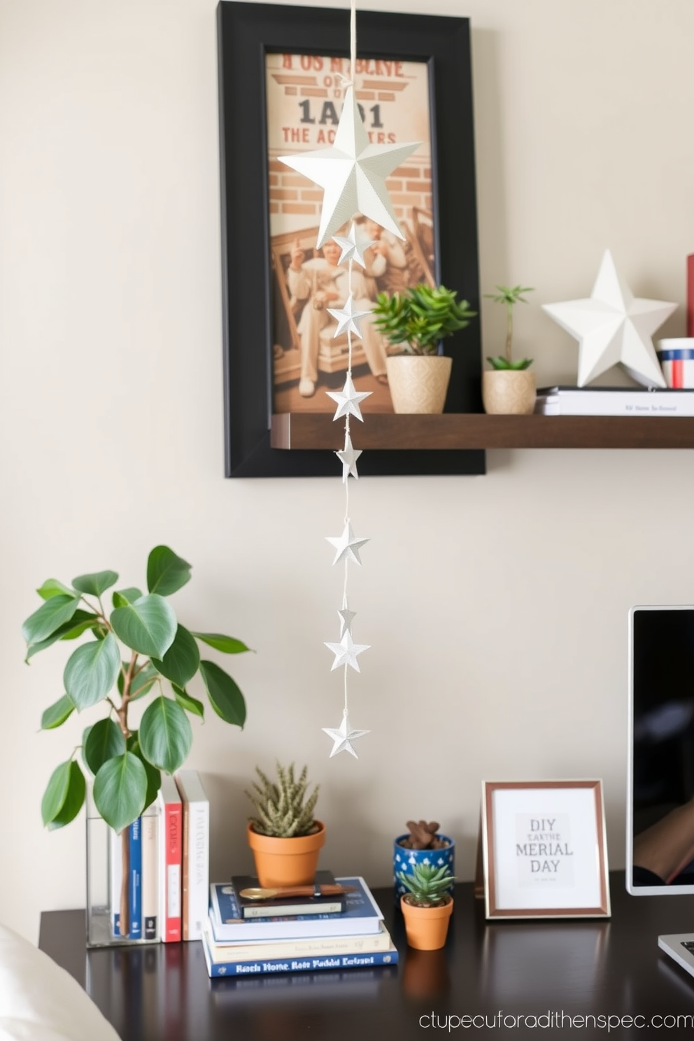 A cozy home office decorated for Memorial Day features a DIY star garland hanging gracefully from floating shelves. The shelves are adorned with patriotic-themed books and small potted plants, creating a warm and inviting workspace.