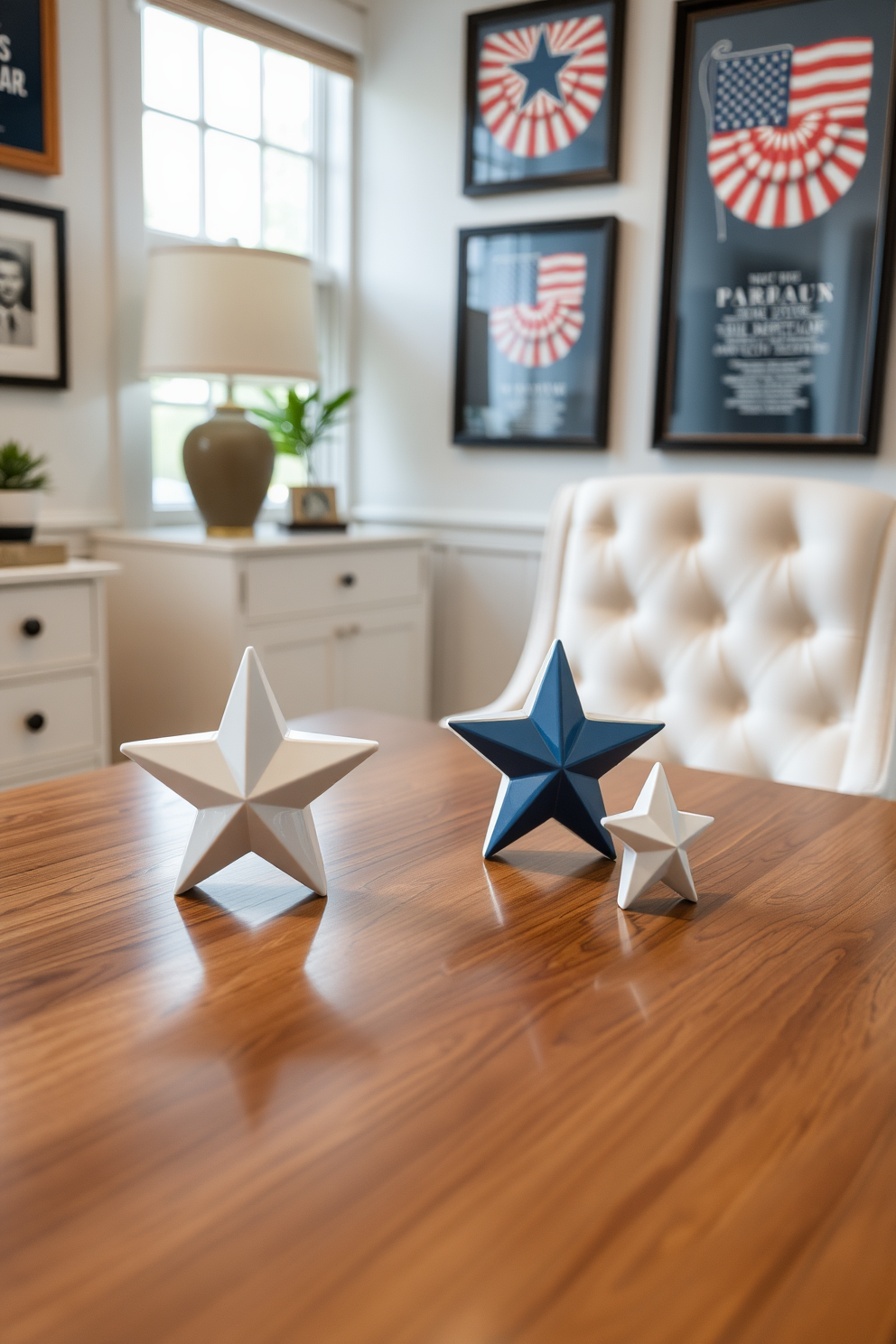 A serene home office setting featuring ceramic stars used as paperweights on a sleek wooden desk. The walls are adorned with patriotic-themed artwork, and a comfortable chair is positioned for productivity.