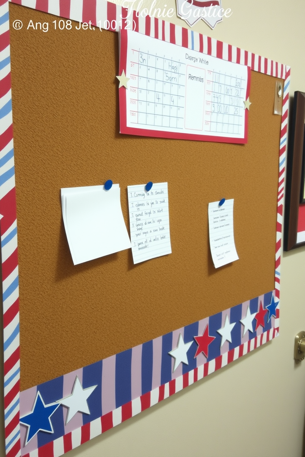 A patriotic themed corkboard is adorned with red white and blue accents showcasing notes and reminders in a creative way. The board features decorative elements such as stars and stripes along the edges adding a festive touch to the home office space.