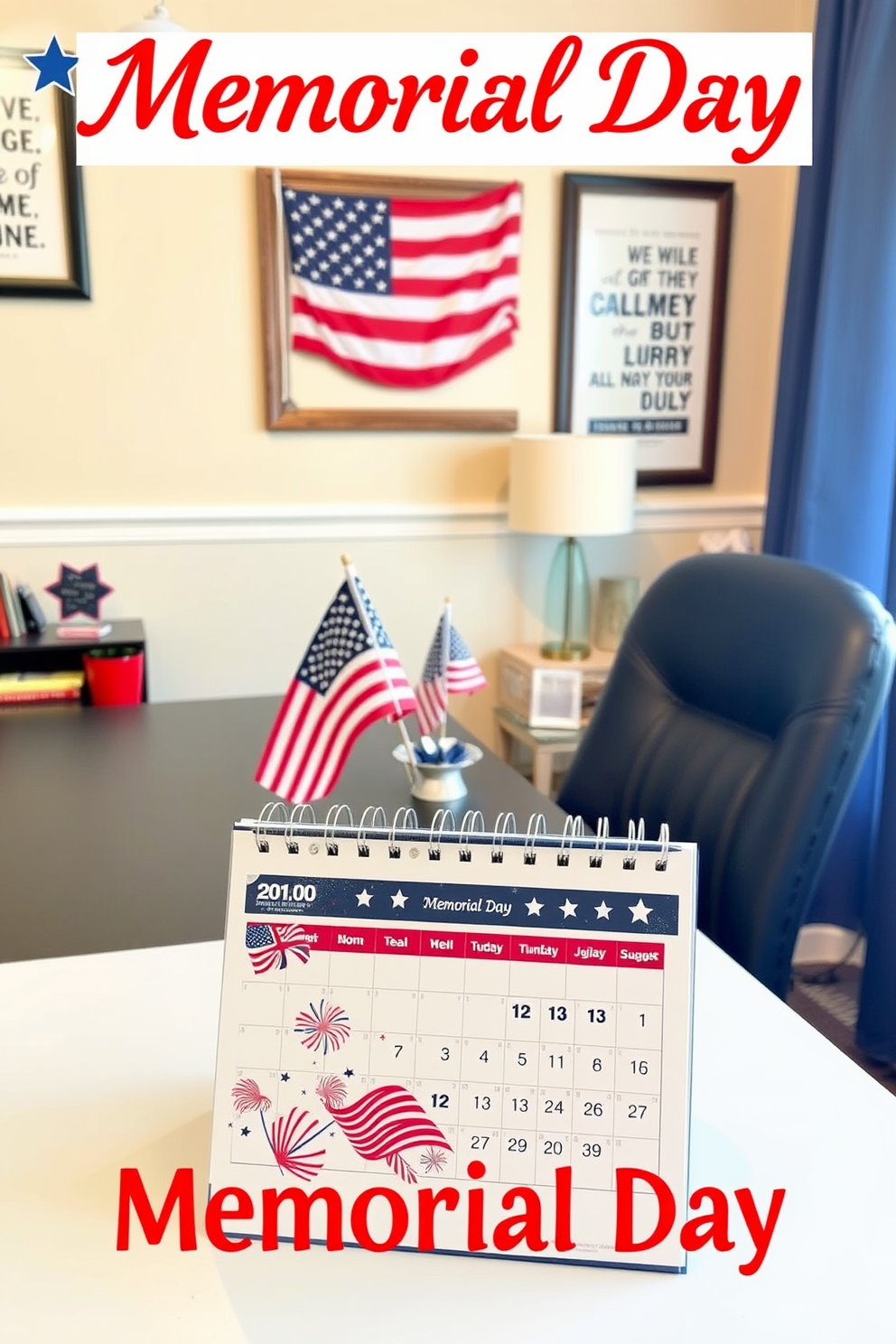 A home office designed for Memorial Day featuring star shaped decorative accents. The workspace includes a sleek desk adorned with red white and blue themed decor and a comfortable chair that invites creativity. On the walls hang framed art pieces that celebrate patriotism with star motifs. A cozy area rug with a subtle star pattern anchors the space while a potted plant adds a touch of greenery.