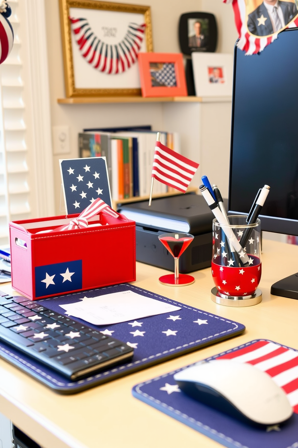 A home office decorated for Memorial Day features desk accessories in red, white, and blue. The desk is adorned with a vibrant flag-themed organizer, a stylish pen holder, and a patriotic mouse pad, creating a festive and inviting workspace.