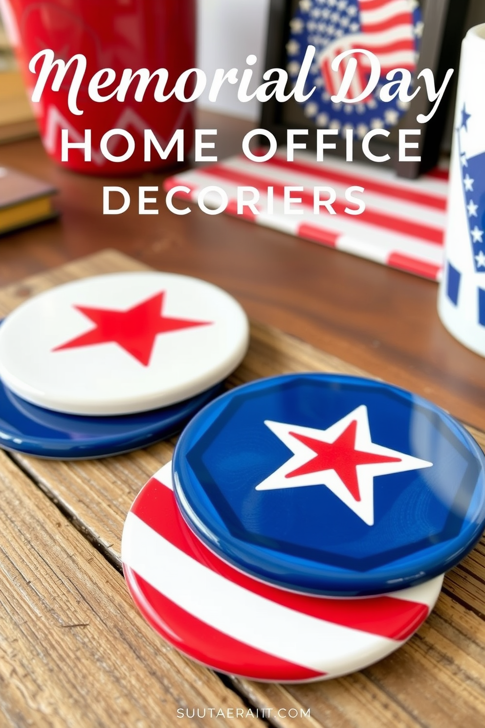 Create a cozy home office space that celebrates patriotism with unique coasters for drinks. The coasters feature designs inspired by the American flag and iconic symbols of freedom, adding a festive touch to the workspace. Incorporate a rustic wooden desk with a comfortable chair, adorned with red, white, and blue accents. A small potted plant and a framed photo of a patriotic scene complete the inviting atmosphere.