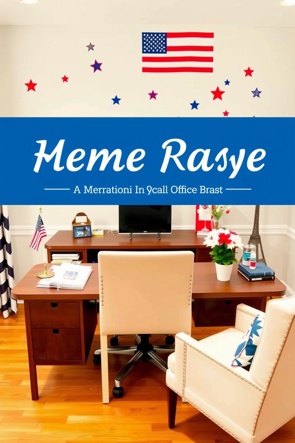 Create a home office that celebrates Memorial Day with wall decals featuring stars and stripes. The space should have a patriotic color palette, combining red, white, and blue elements throughout the decor.