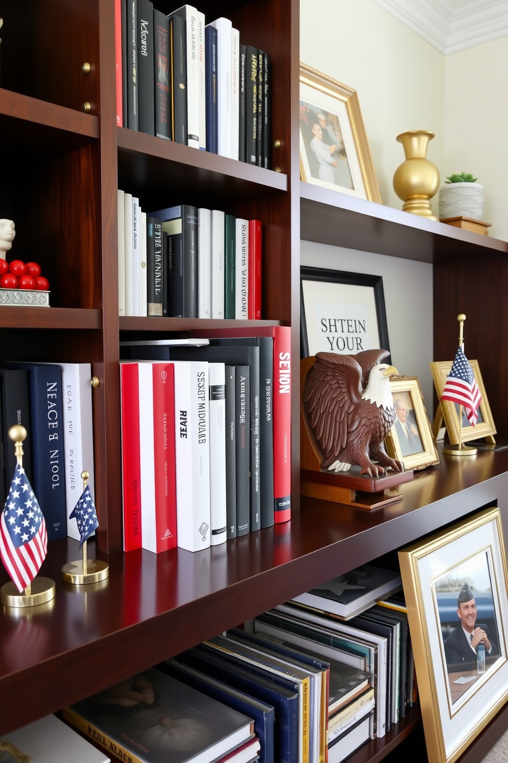 Create a pair of patriotic themed bookends designed for a home office setting. The bookends are crafted from polished wood, featuring carved symbols of the American flag and eagle, painted in vibrant red, white, and blue colors. Position these bookends on a sleek, dark wood shelf filled with an array of books and decorative items. Surround the bookends with subtle touches of Memorial Day decor, such as small flags and a framed photo of a veteran, to enhance the theme.