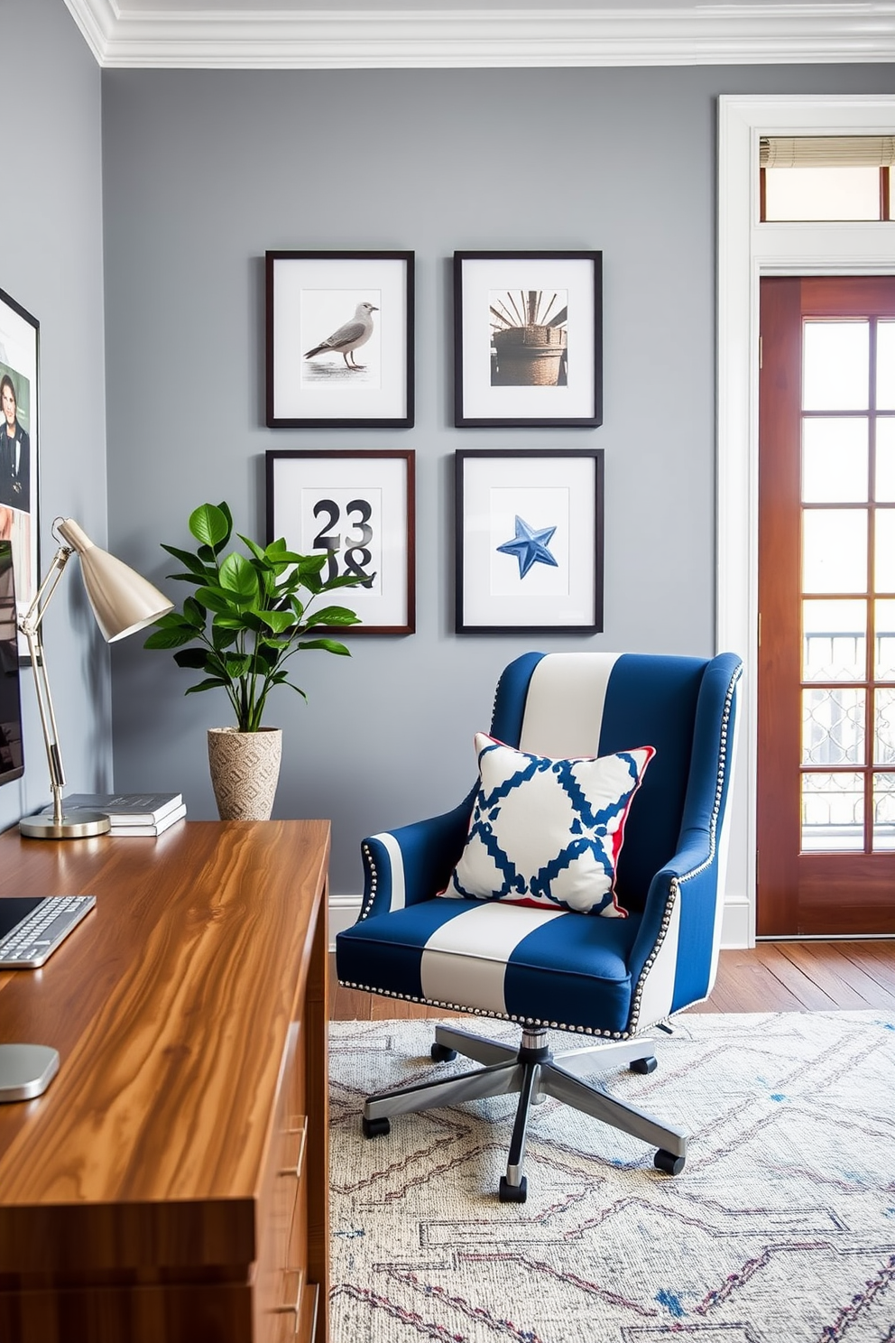 A stylish home office featuring a red white and blue accent chair that adds a patriotic touch to the space. The chair is positioned next to a sleek wooden desk with a modern lamp and a potted plant, creating an inviting and productive atmosphere.