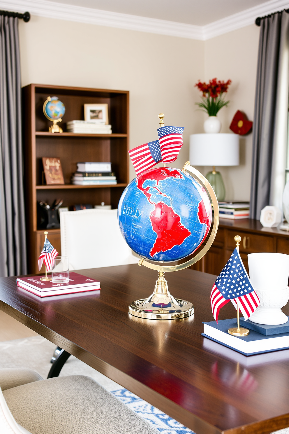 A stylish home office featuring a decorative globe in patriotic colors. The globe is placed on a sleek wooden desk, surrounded by red, white, and blue accents that celebrate Memorial Day.