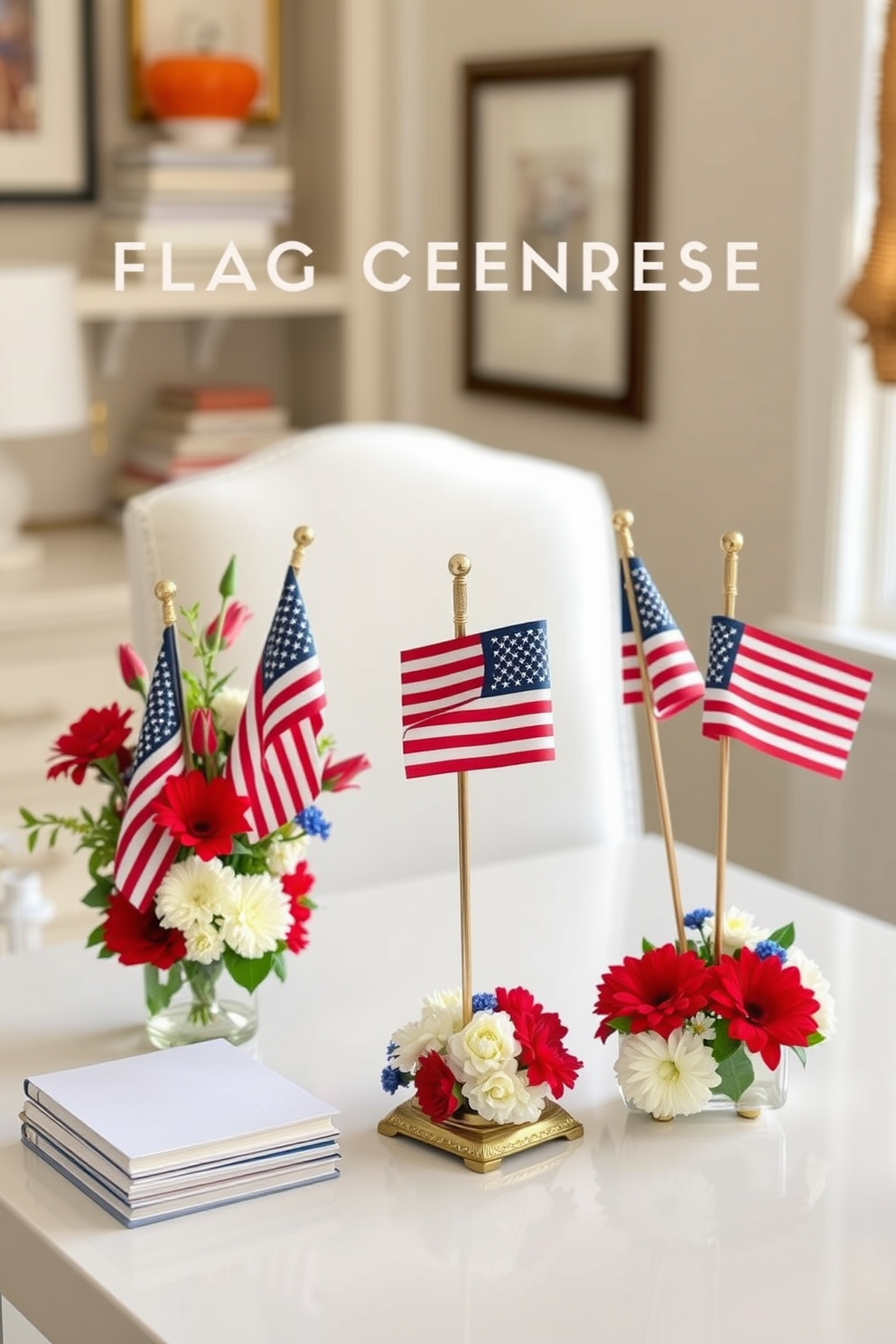 A cozy home office decorated for Memorial Day features stars and stripes curtain ties that add a festive touch to the room. The desk is adorned with patriotic-themed accessories, while a comfortable chair invites productivity amid the holiday spirit.