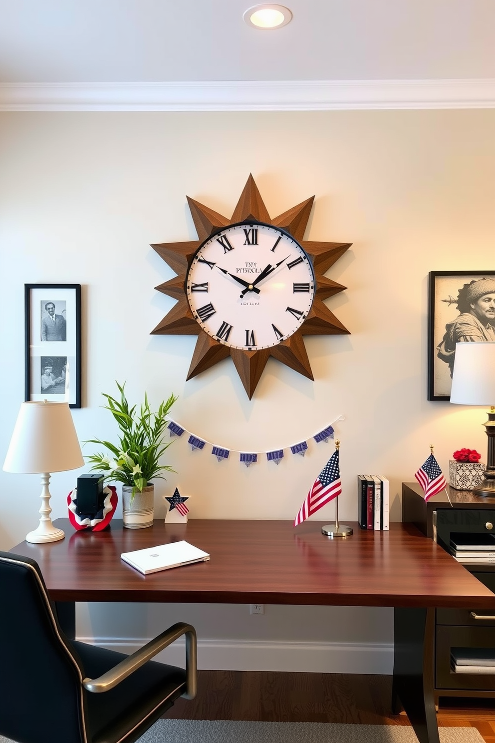 A stylish home office featuring a star-shaped wall clock as a focal point. The clock is mounted above a sleek wooden desk, surrounded by patriotic decor celebrating Memorial Day.