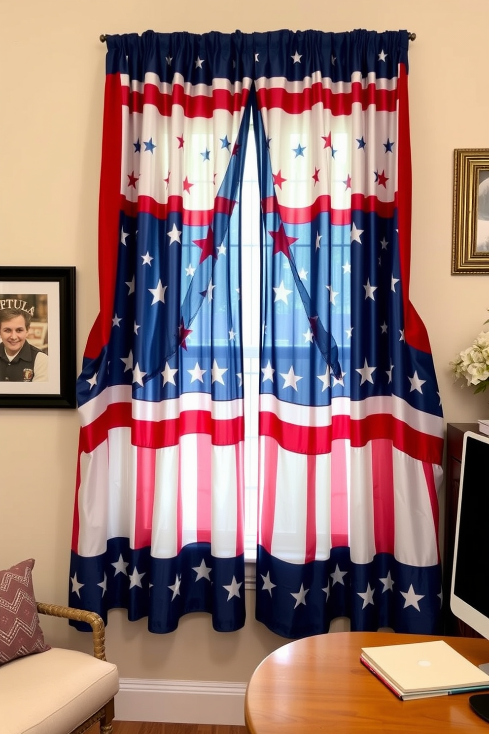 A cozy home office adorned with decorative bowls filled with patriotic candies. The workspace features a rustic wooden desk paired with a comfortable ergonomic chair, and the walls are painted in a soft blue hue, creating a welcoming atmosphere.