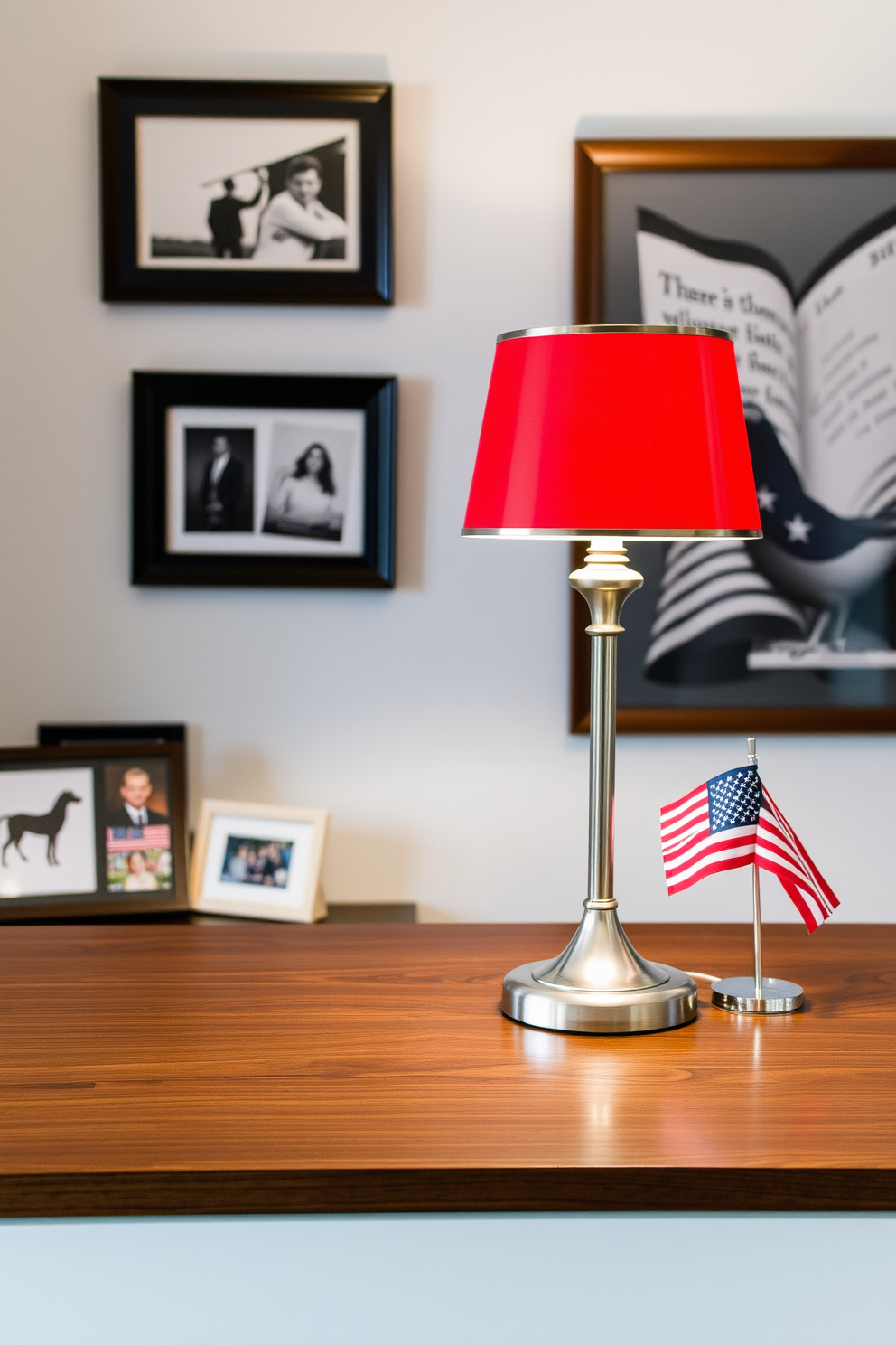 A stylish home office featuring a red, white, and blue desk lamp that adds a patriotic touch to the space. The lamp is positioned on a sleek wooden desk, surrounded by decorative elements that celebrate Memorial Day, such as framed photos and a small flag.