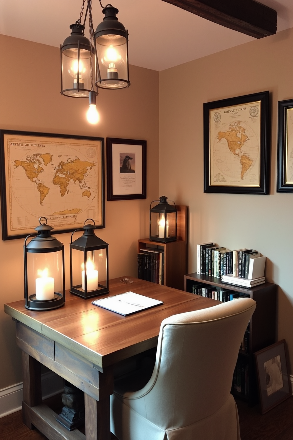 A cozy home office featuring vintage American flag wall art serves as a patriotic focal point. The workspace includes a rustic wooden desk, a comfortable leather chair, and shelves adorned with books and decorative items celebrating American history.